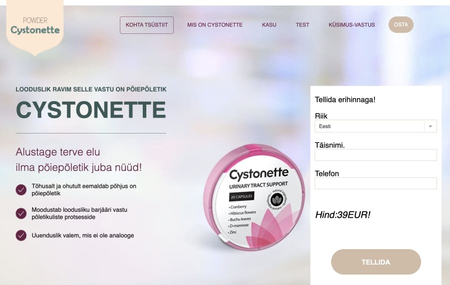 Cystonette Eesti – hind ja kust osta, ametlik veebisait, kommentaare ja ülevaated, farmaatsia, mis see on, struktuur ja koostis, infoleht ja annus, vastunäidustused ja kõrvaltoimed