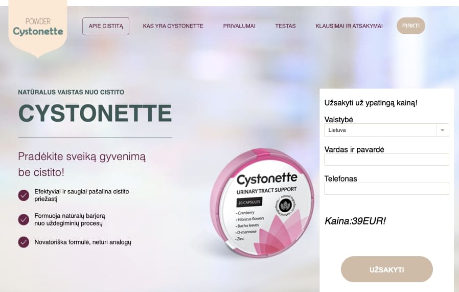 Cystonette Lietuva – kaina, kur pirkti, vaistinės, nuomonės ir atsiliepimai, kaip naudoti, gamintojo oficiali svetainė