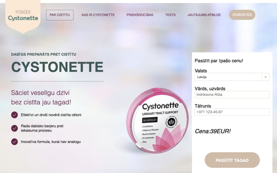 Cystonette Latvija – atsauksmes, kur nopirkt, cena, aptiekās, sastāvs, lietošanas instrukcija, oficiālā ražotāja mājas lapa
